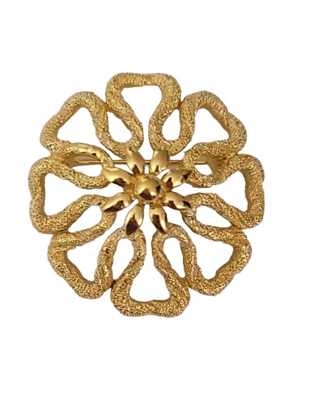 Trifari Crown Over T Gold Tone Open Textured Modernist Flower Brooch, Signed